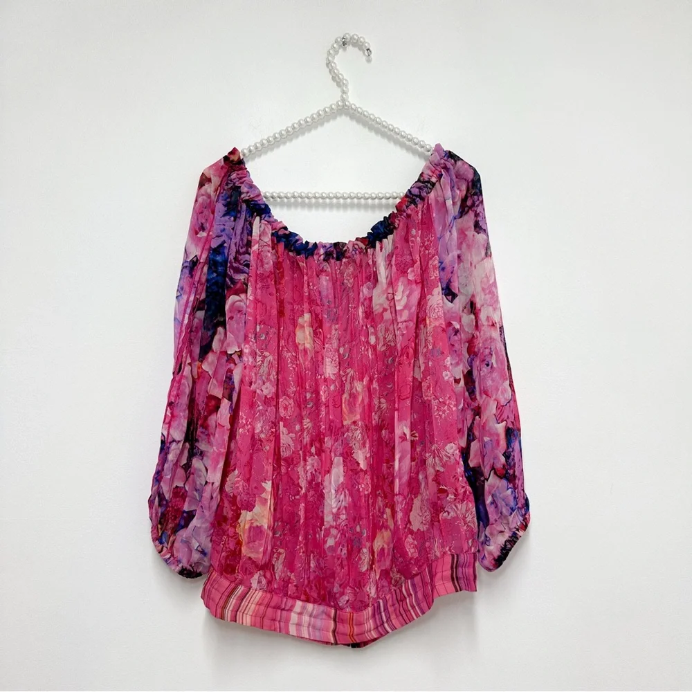 Roberto Cavalli Off the Shoulder 100% Silk Peasant Blouse in Pink and Blue